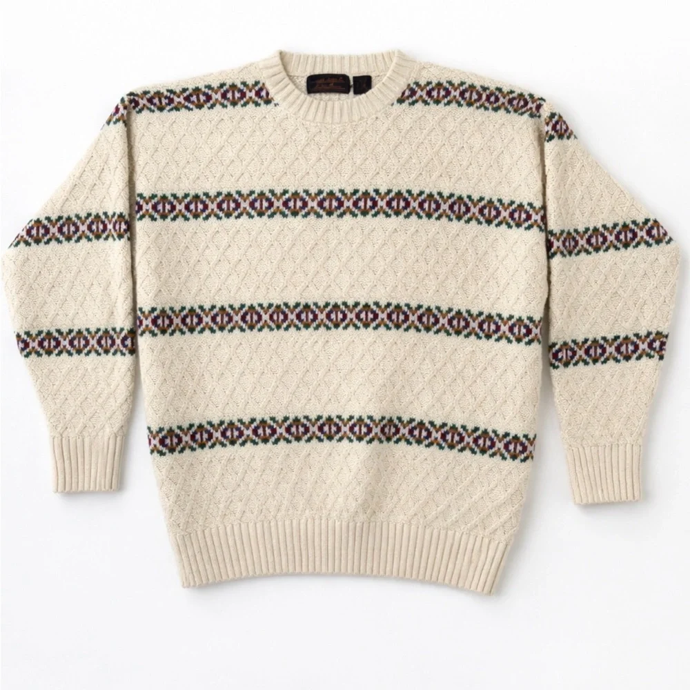 Vintage Eddie Bauer Nordic Fair‎ Isle Sweater Mens L XL Cream Cotton Fisherman